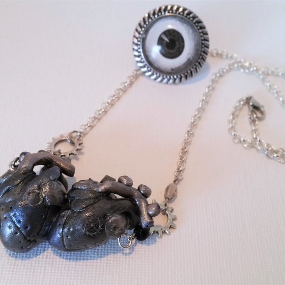 HANDMADE Siamese robot anatomical hearts necklace silver - Picture 7 of 11